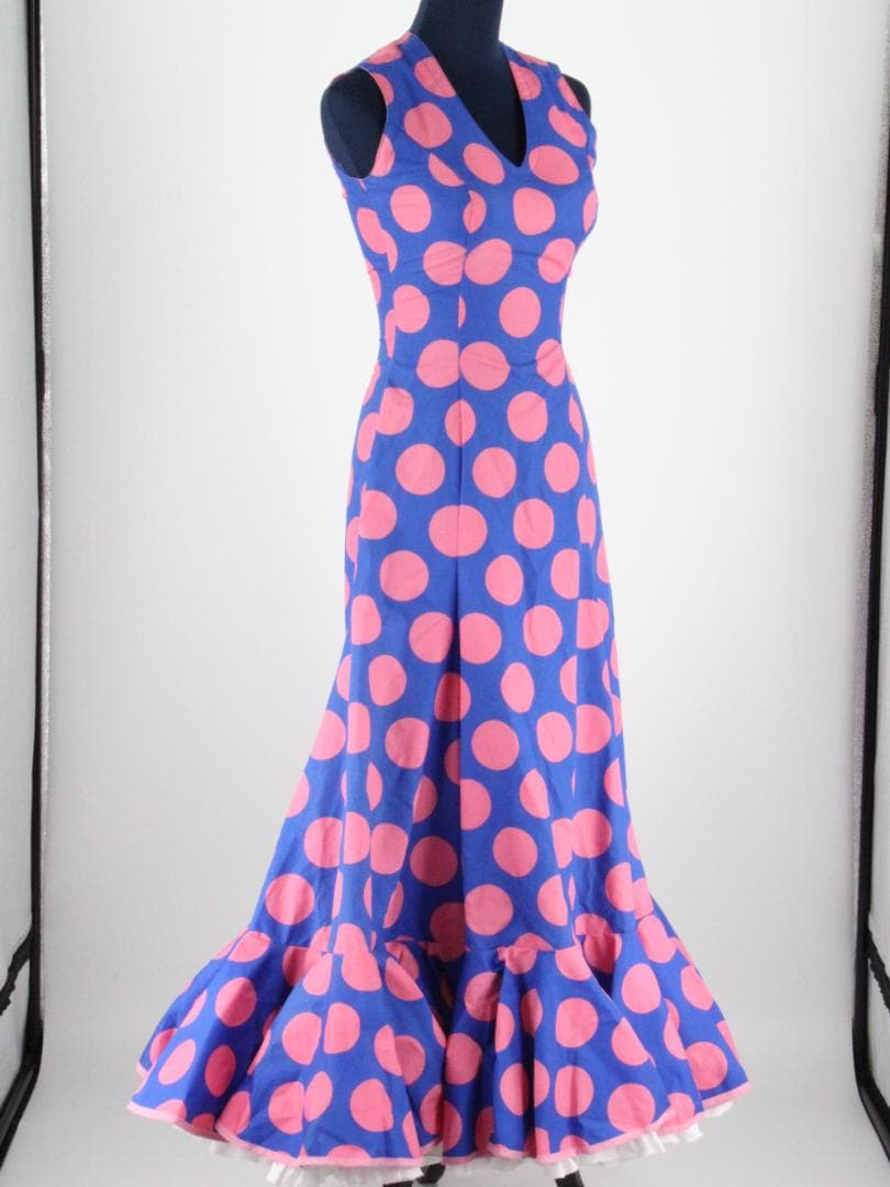 【極美品 フラメンコ衣装】艶やかブルー×ピンク水玉 ドレス 胸パット付き