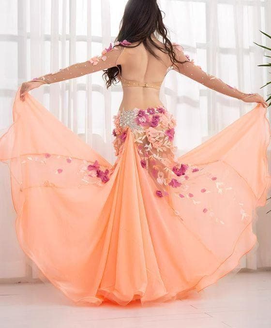 ベリーダンス衣装 ブラスカートセット オレンジ系 花 オーダーメイド