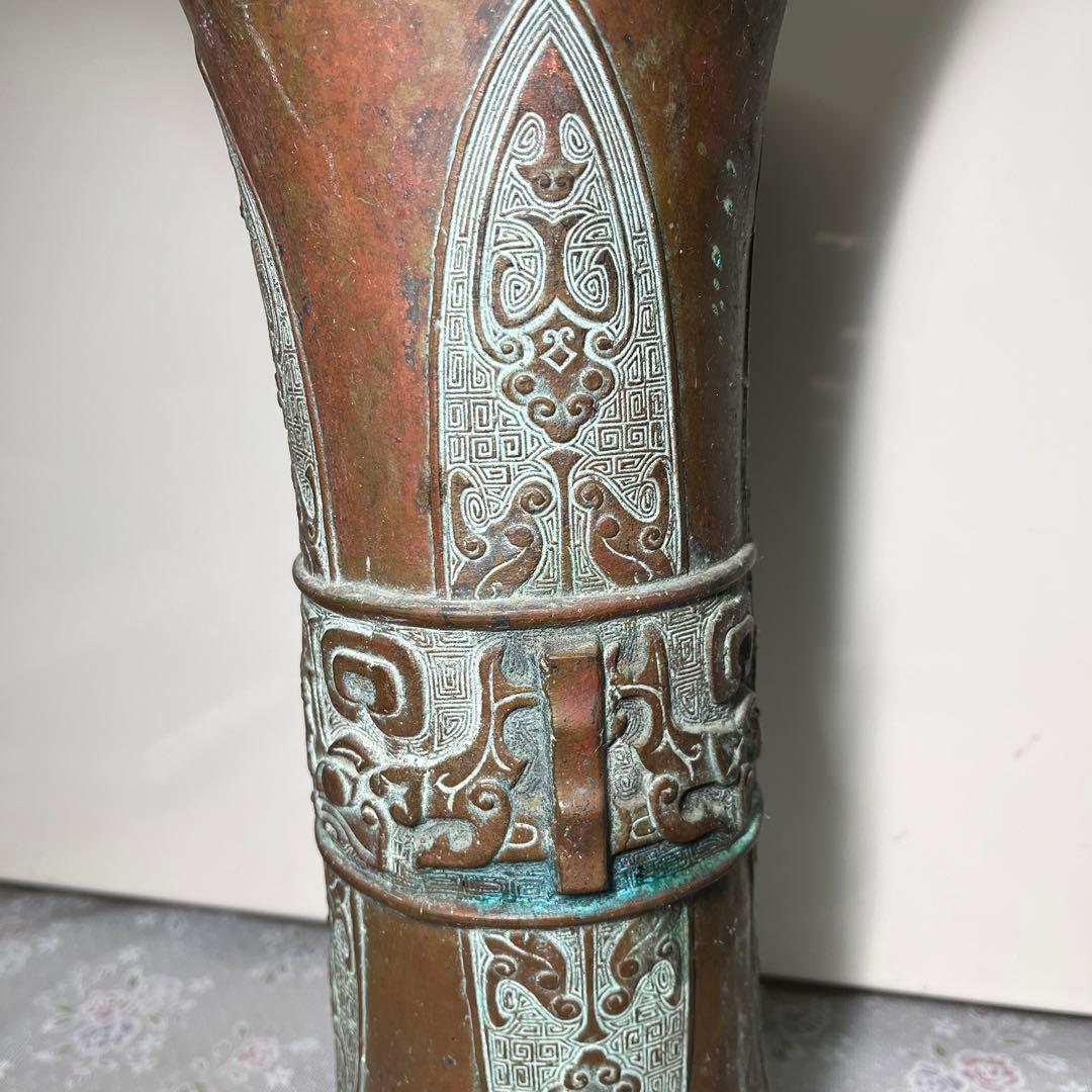 時代物 古銅 銅饕餮紋出戟花觚 高38CM 重約4kg