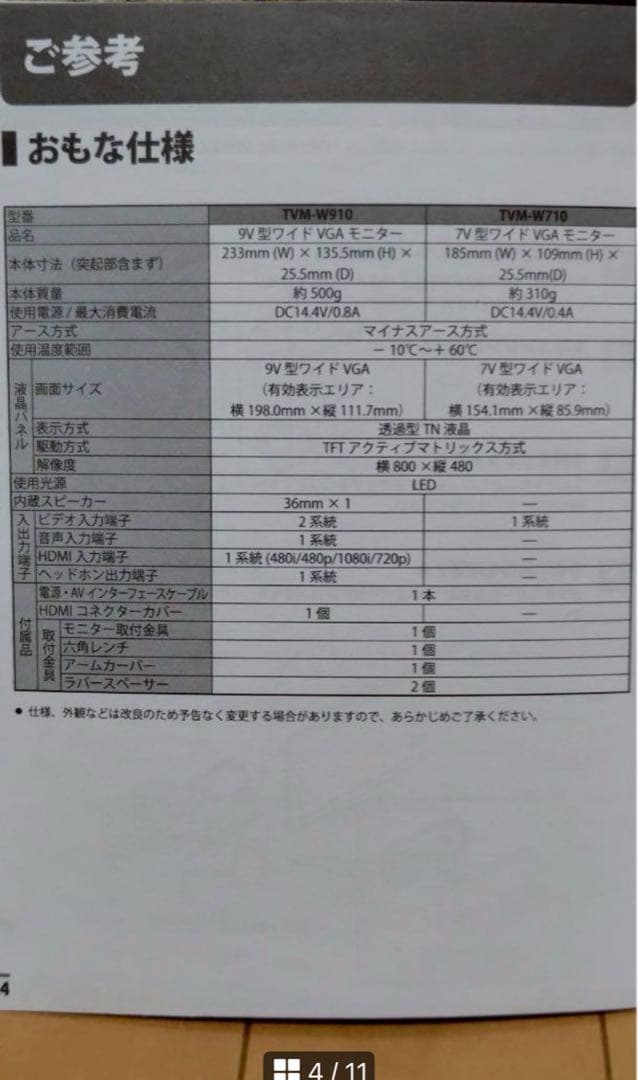 carrozzeria TVM-W910 9V IU71 ド VGA モニター