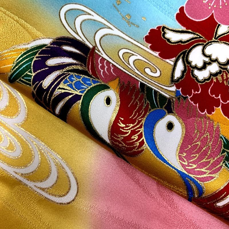 507ag50□七五三 七歳 女児 着物&袋帯 金彩 鴛鴦 鬱金色□美品