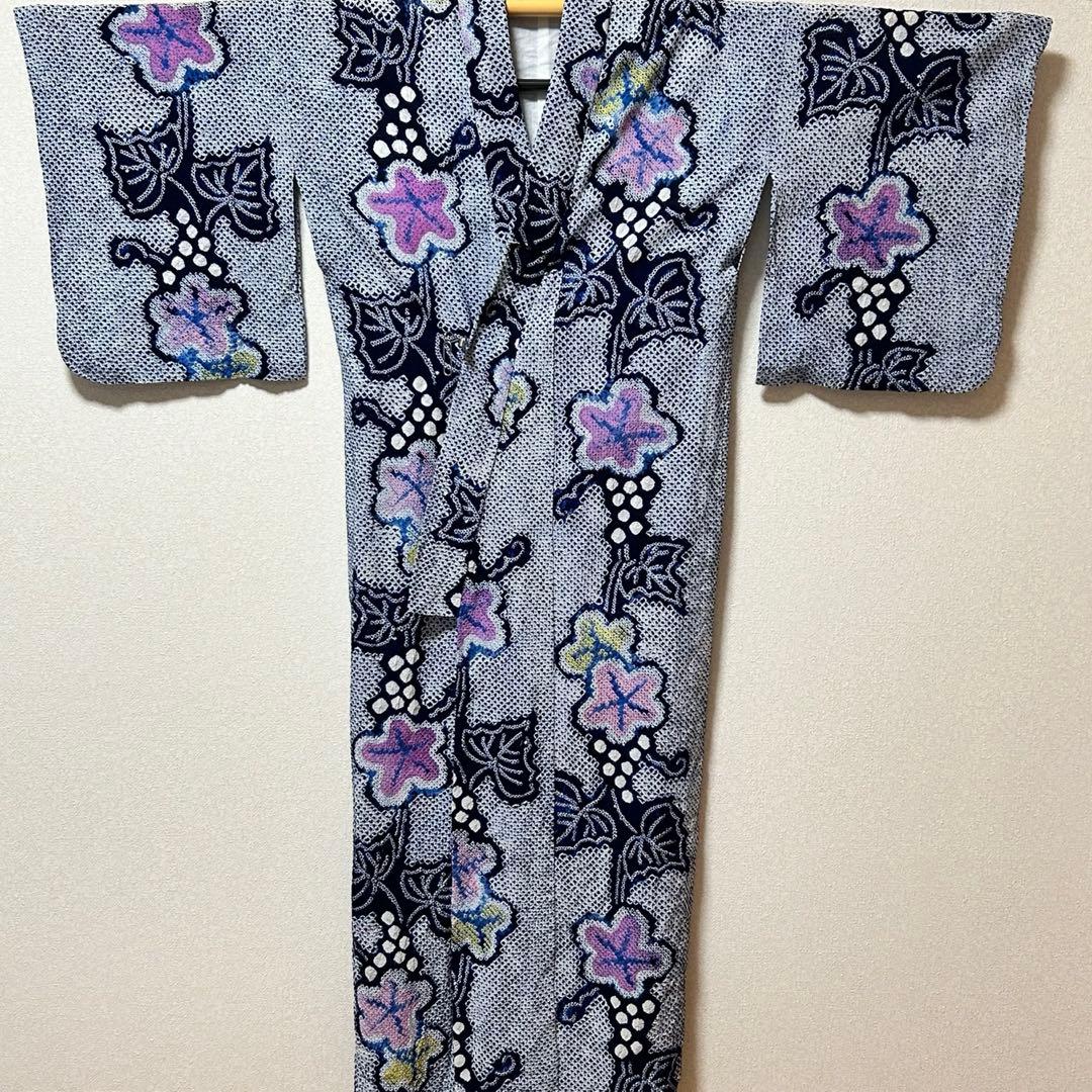 有松鳴海絞り　浴衣　葡萄　蔦の葉　裄66.5 紺　高級　洗える夏着物【Ａ5】