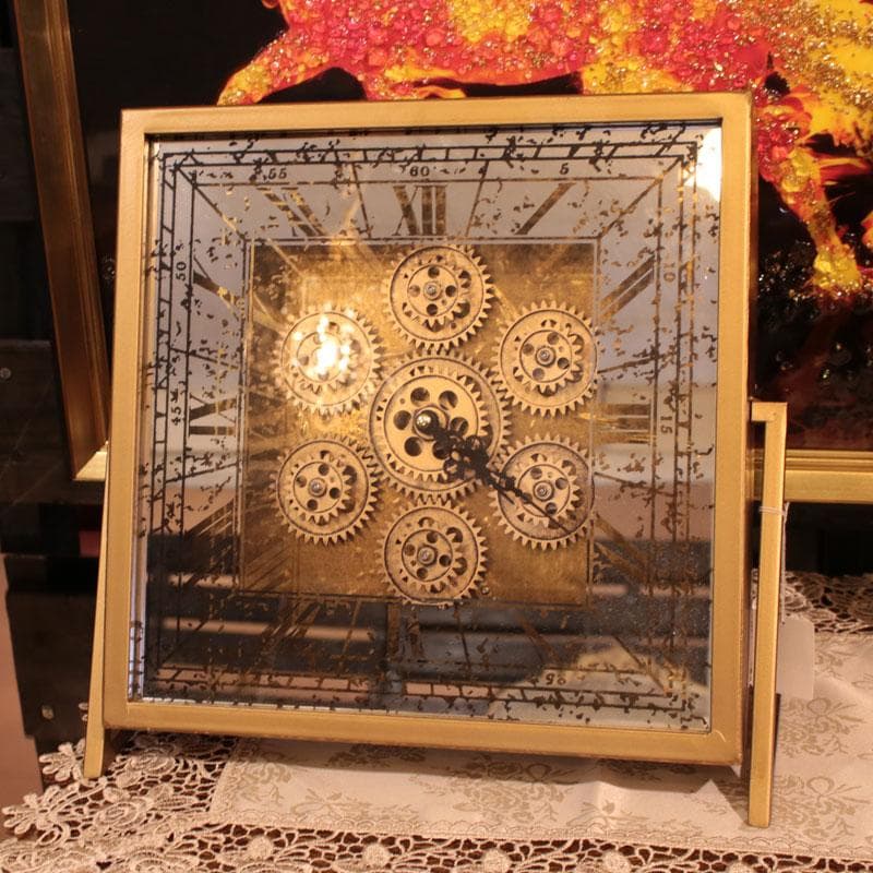 ゴールド ギアクロック 置き時計 ヴィンテージ風 スクエア 143-171