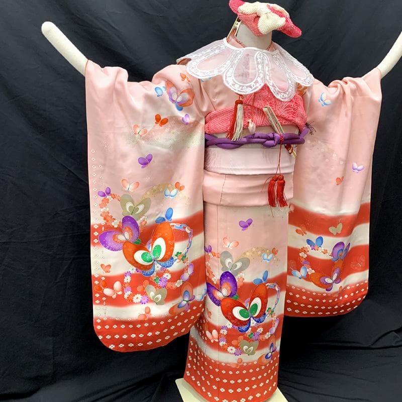507ag26□七五三 七歳 女児 着物&袋帯&長襦袢 蝶 星の地紋□美品