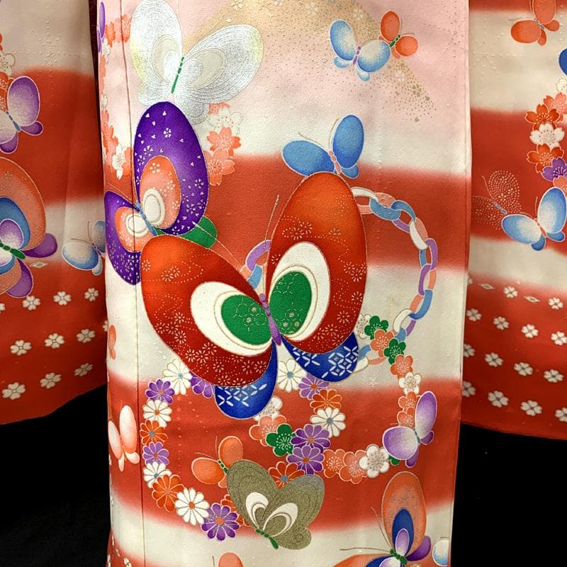 507ag26□七五三 七歳 女児 着物&袋帯&長襦袢 蝶 星の地紋□美品