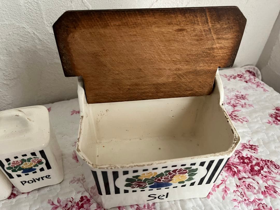 値下げフランスアンティークバラ柄の陶器のキャニスター6個セット& SELボックス