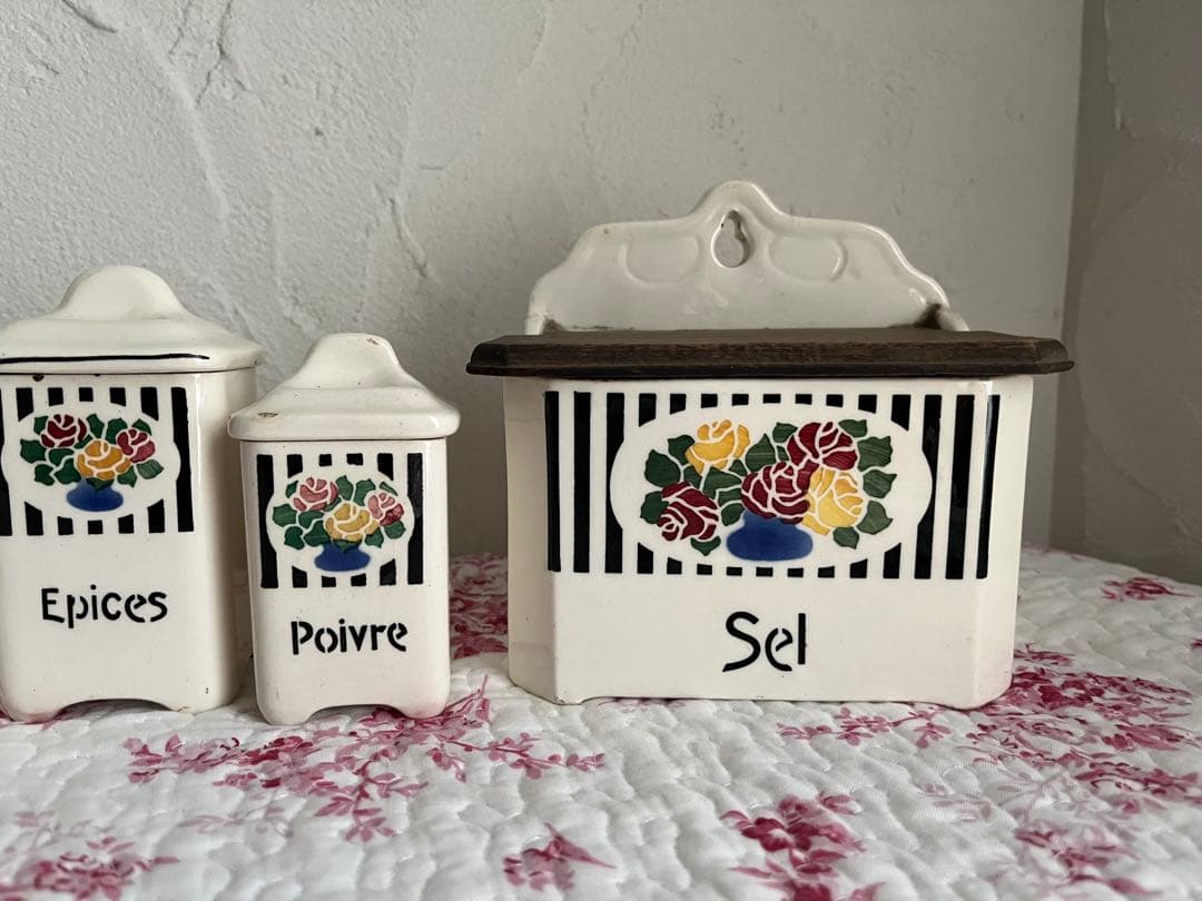 値下げフランスアンティークバラ柄の陶器のキャニスター6個セット& SELボックス