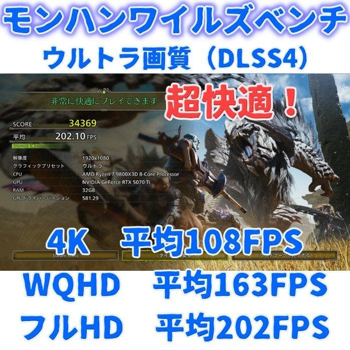 最強ゲーミングCPU搭載PC　RYZEN7 9800X3D　RTX5070Ti