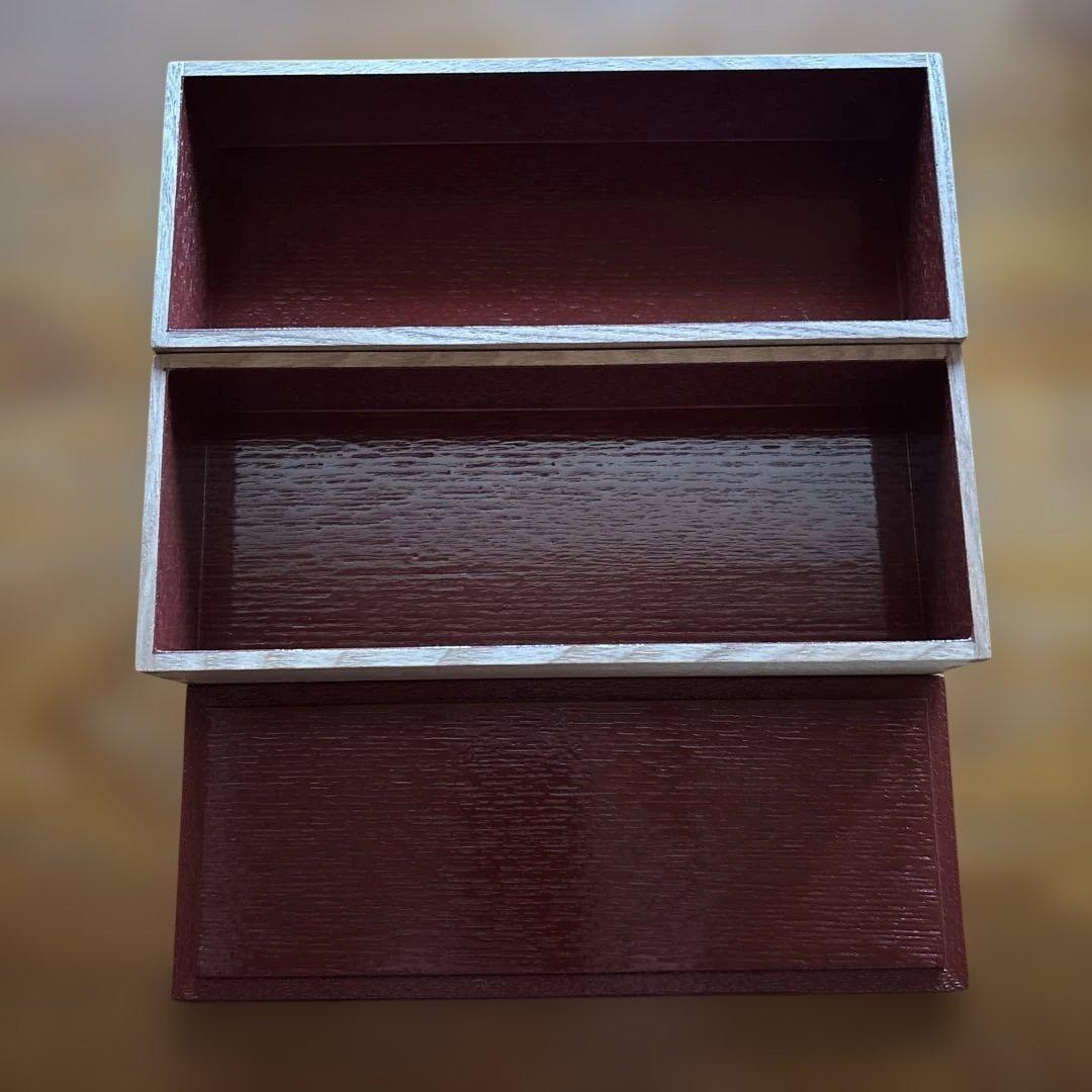 白木塗　タモ　長角二段弁当箱　内朱（大）組子　箱あり