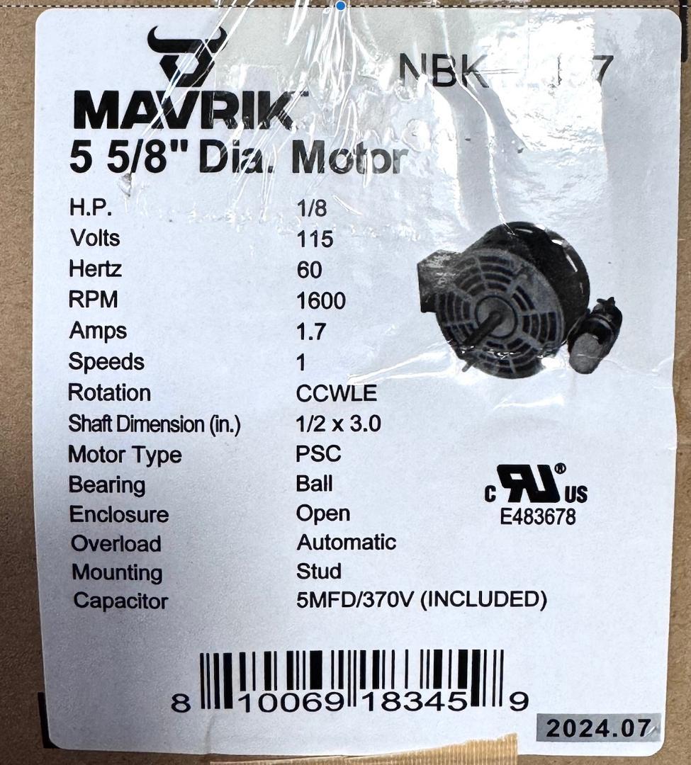 【新品未使用】MAVRIK 換気扇モーター 1/8HP PSC 5 5/8インチ