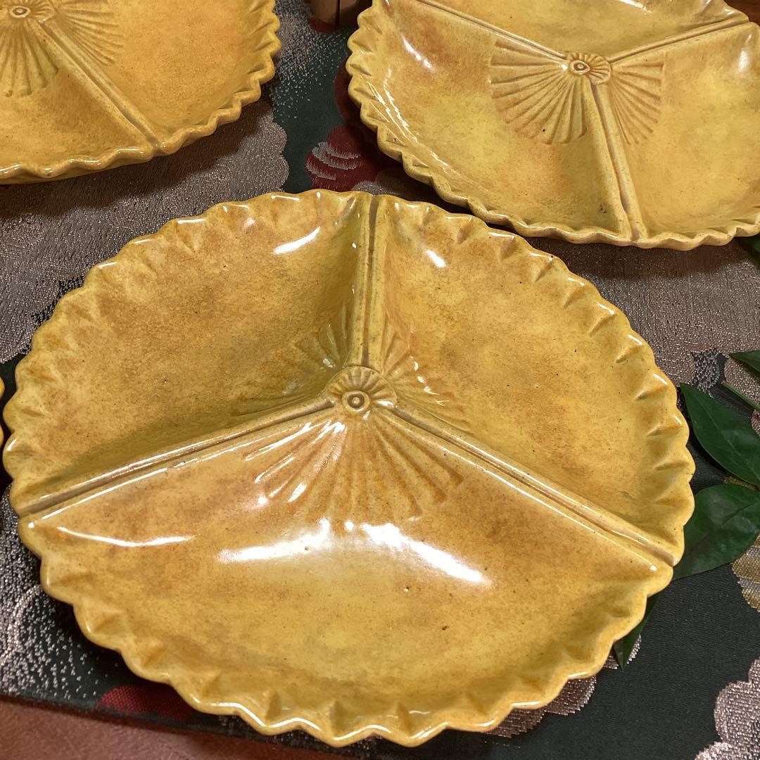 【特別出品】　懐石道具　黄交趾焼　源内焼　三つ扇皿　　５枚揃　供箱