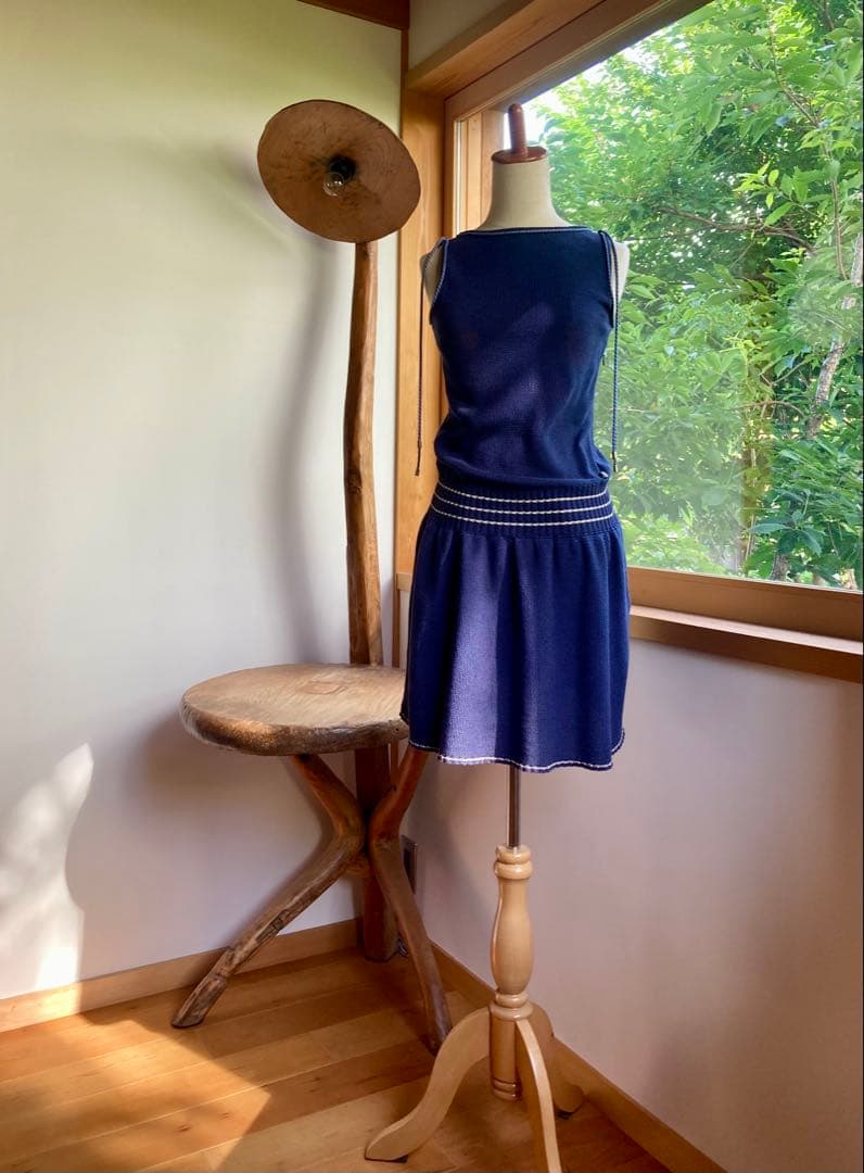 CHANEL サマーニット ノースリーブ ワンピース ドレス 36 ネイビー