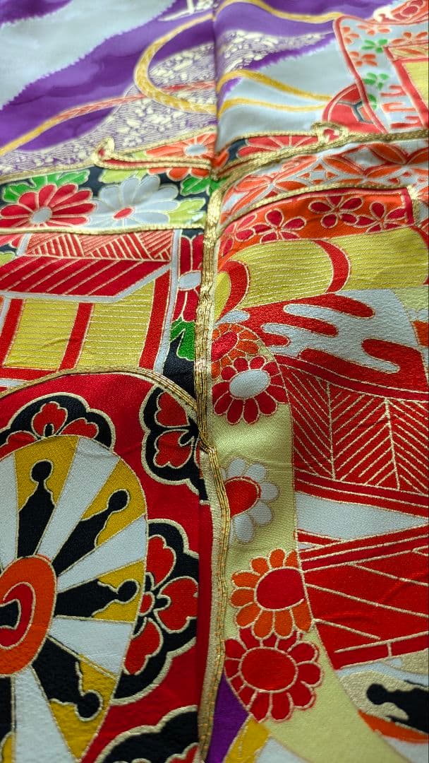 7歳　正絹白紫御所車　七五三　お着物・帯セット