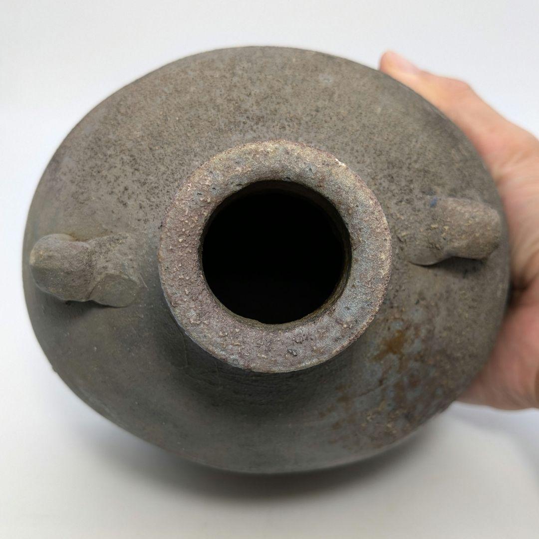 人間国宝 伊勢崎淳 備前焼 窯変扁壺 用心箱 扁壷 花器 耳付花入 花瓶 置物