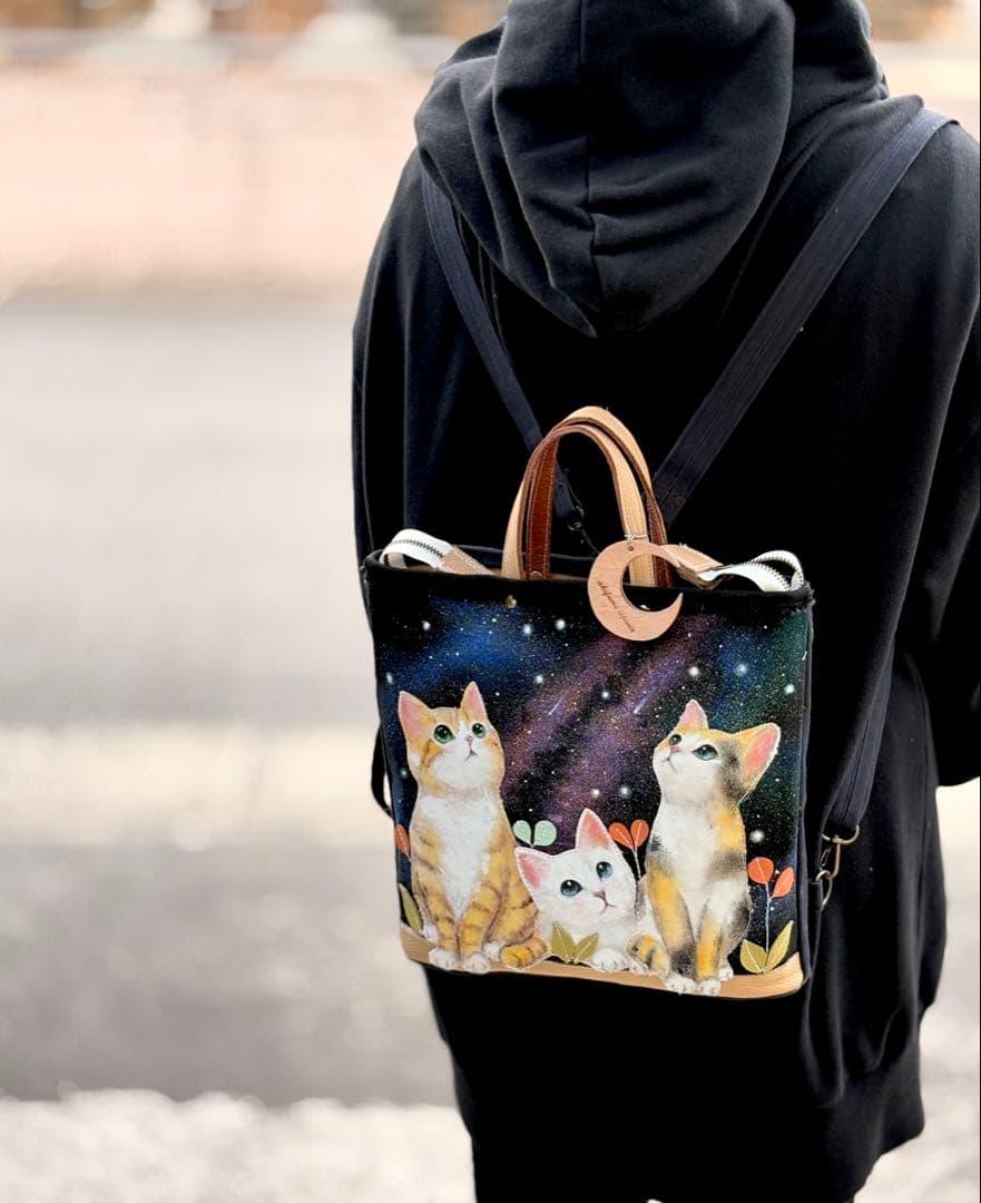 (手づくり)\"おしゃべりな夜空\"ネコたちのリュックショルダートートバッグ