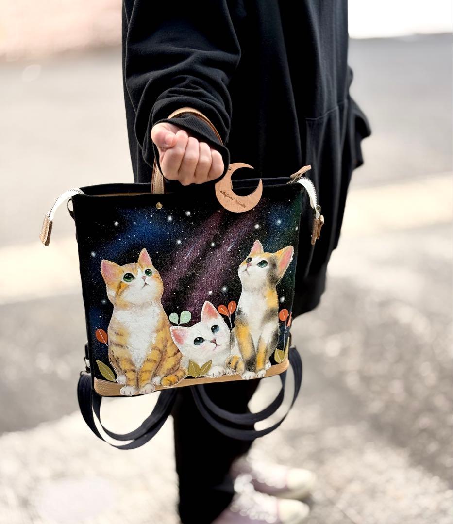(手づくり)\"おしゃべりな夜空\"ネコたちのリュックショルダートートバッグ