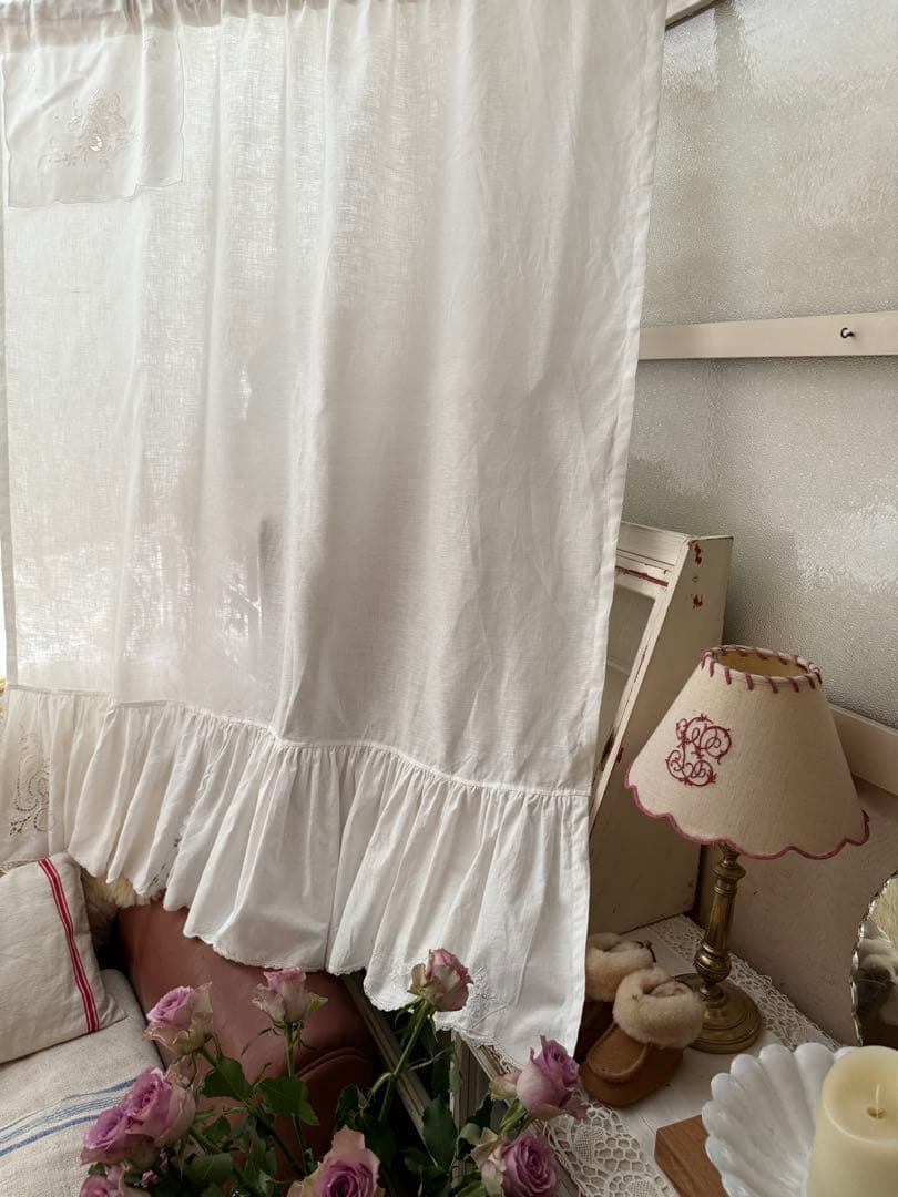 アンティーク刺繍レースのふりふりカーテンஐ⋆*ナチュラルリネン