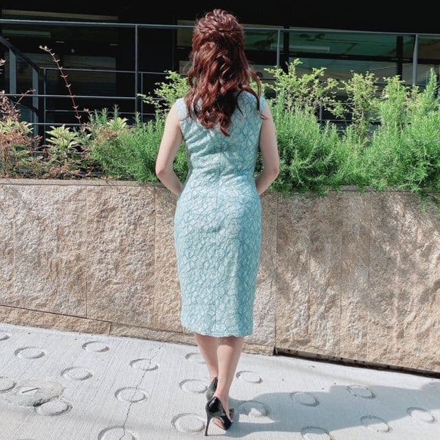 タダシショージ／ミントカラー 総レースドレス ワンピース グリーンノースリーブ