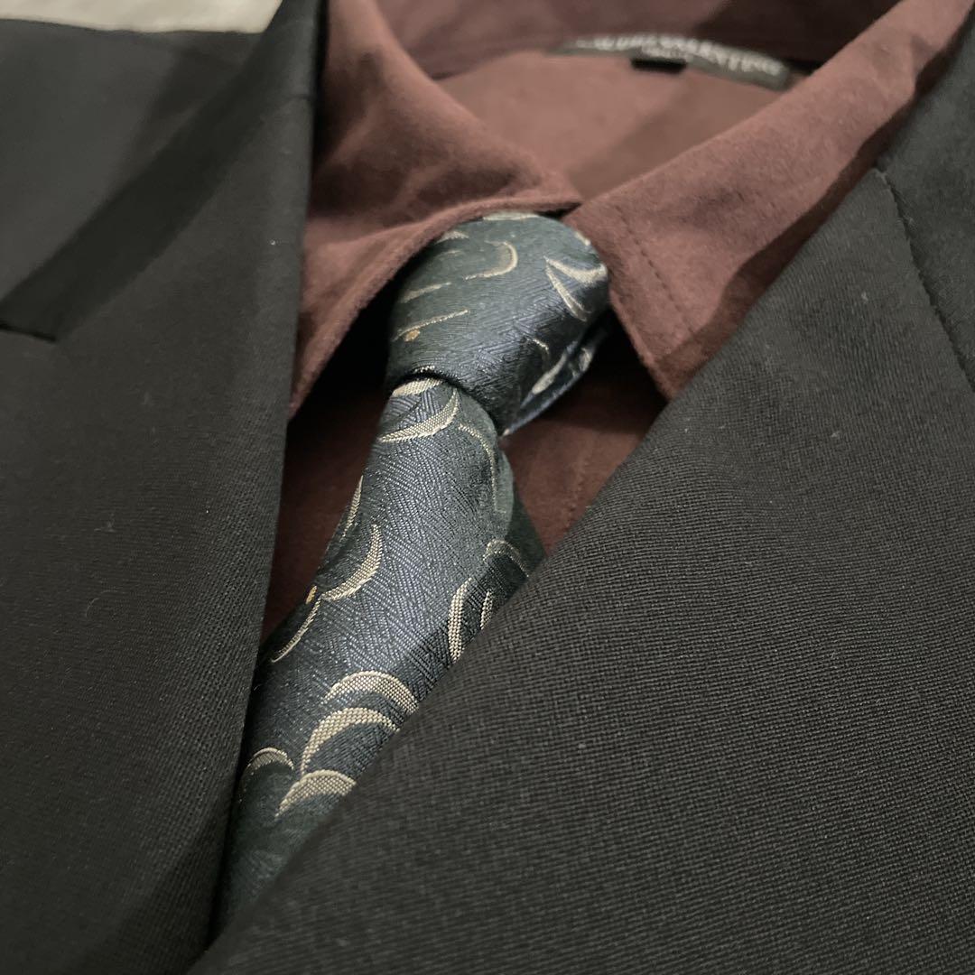 極上 漆黒ウール 黒金ボタン ダブルスーツ saint Laurentネクタイ