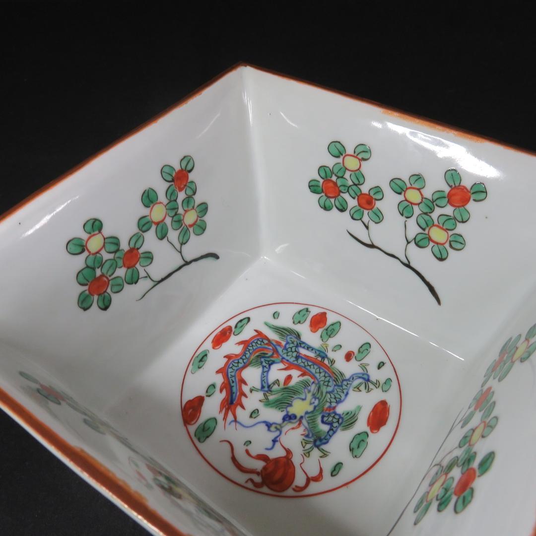 水指 色絵付け 角型 大明壽靖年製 龍 江戸期 中国骨董 赤絵