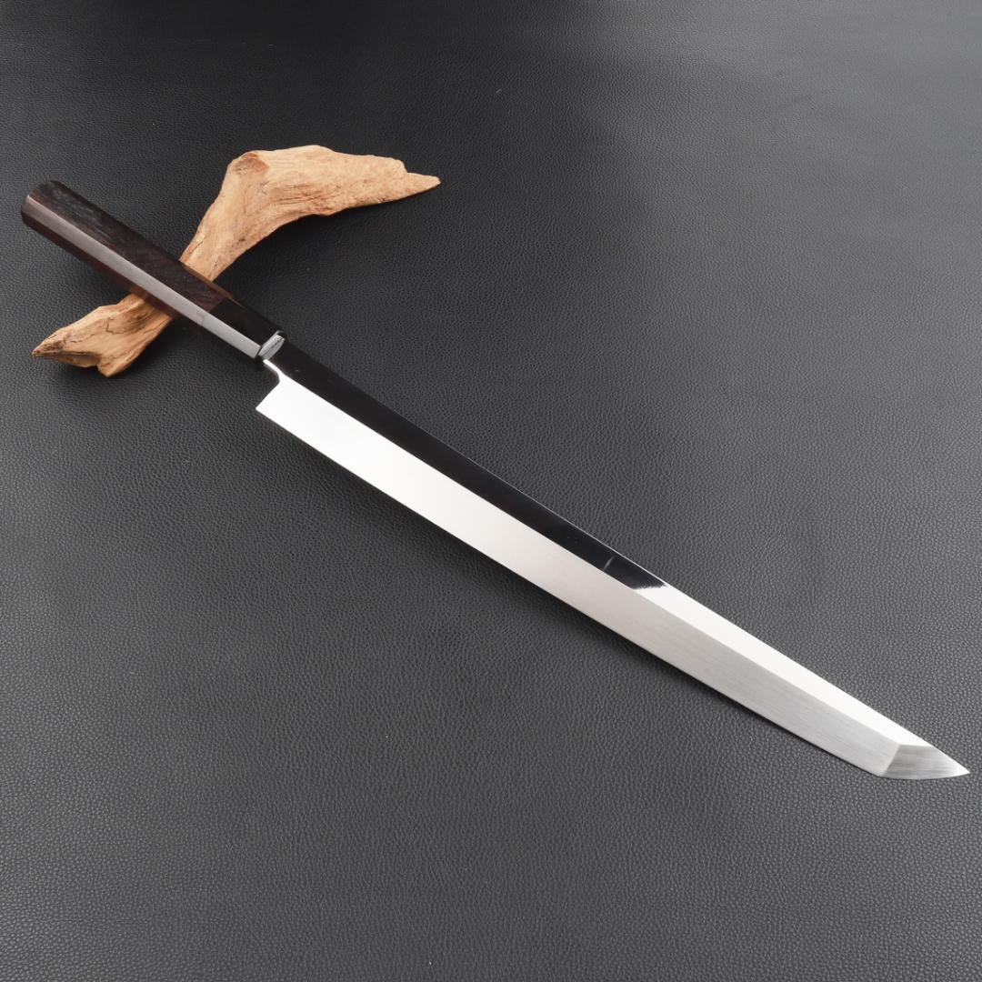 11095先丸柳刃包丁 尺三刺身包丁鏡面仕上げ 刃は究極の切れ味黒檀黒水牛八角柄