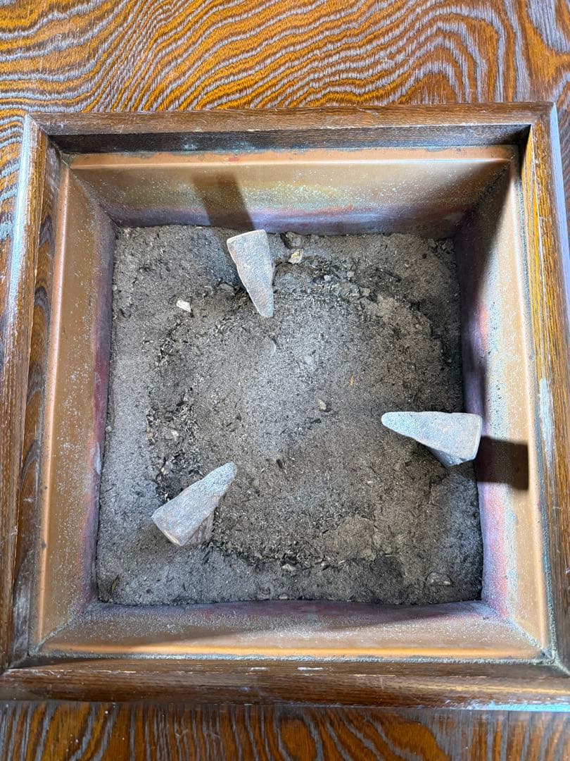 引取限定！　銅製火鉢付 囲炉裏テーブル 昭和レトロ 木製 当時物　現状品