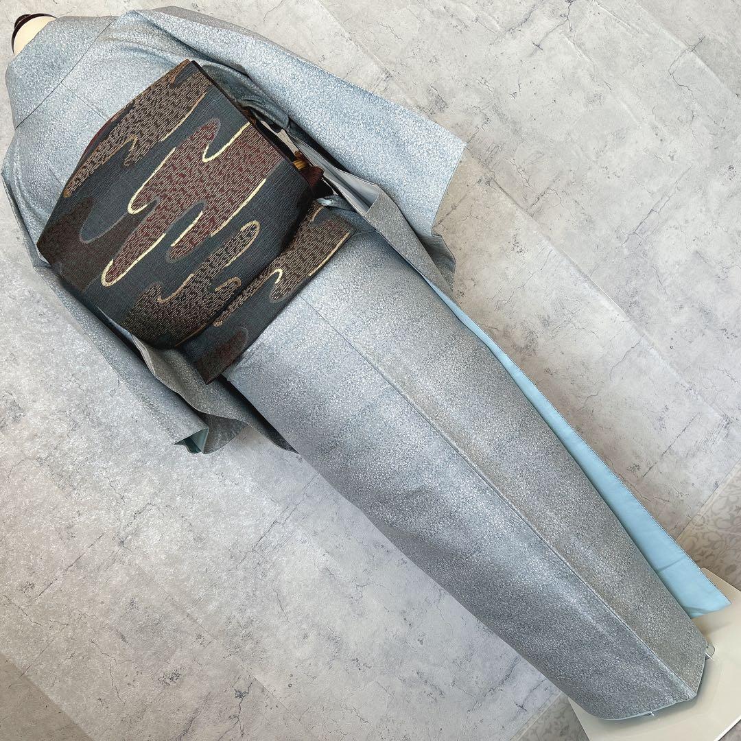 大島紬　染め大島　小紋　フルセット　着物　正絹　水色　難あり　p2