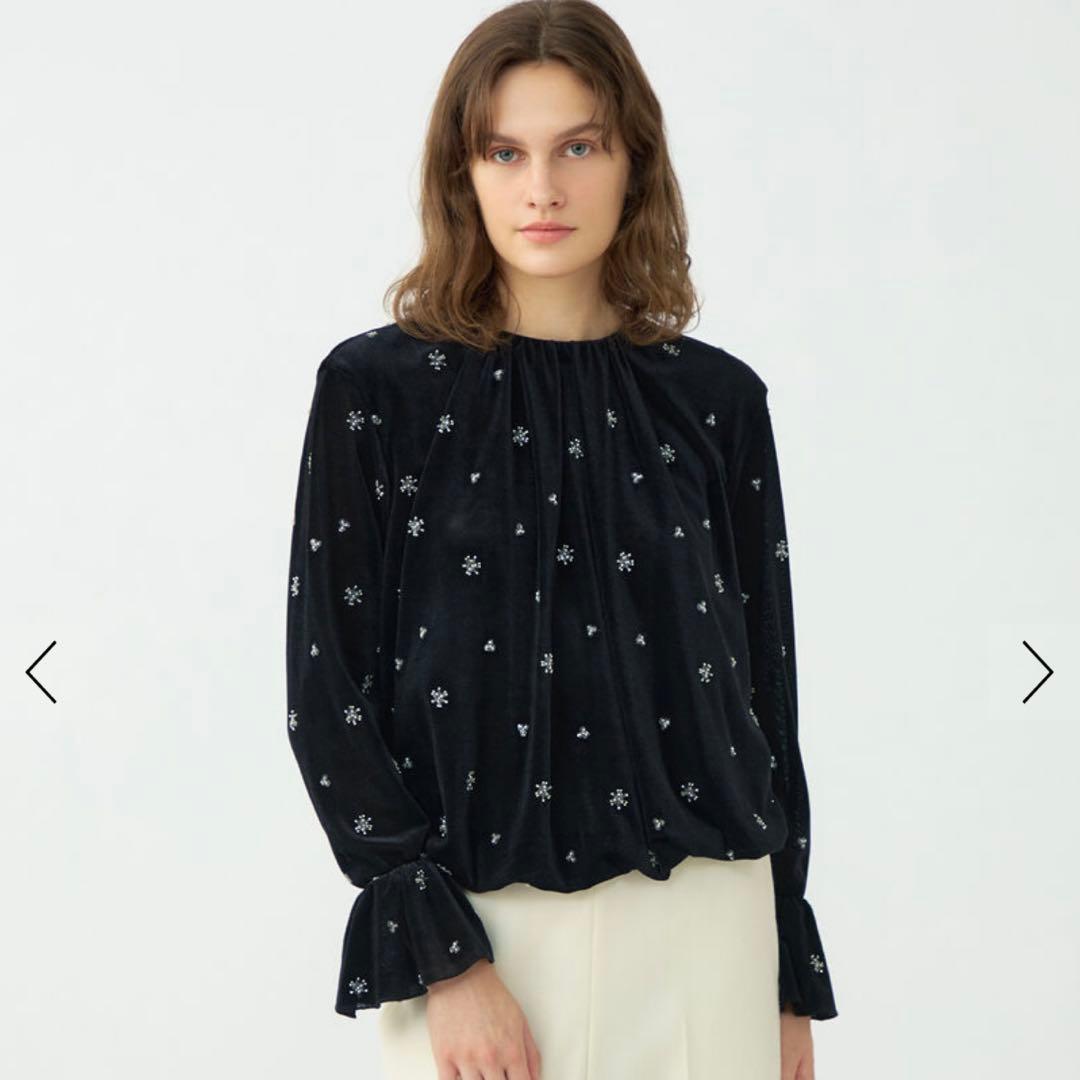 Ballesey メッシュベロアエンブロイダリー ラッフルカフスブラウス