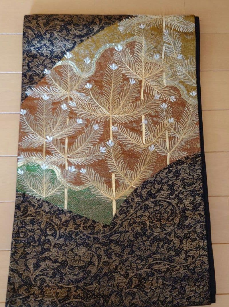 【美品】洗える小紋フルセット　東レシルック　袷　青白橡　波文様　京袋帯