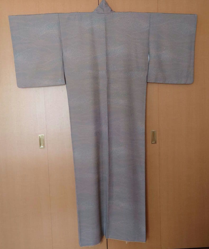 【美品】洗える小紋フルセット　東レシルック　袷　青白橡　波文様　京袋帯