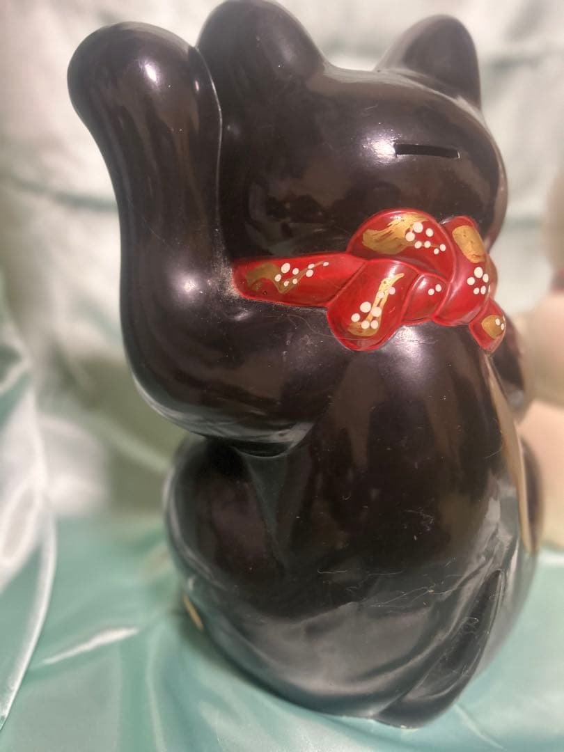 招き猫 陶器 置物 黒白