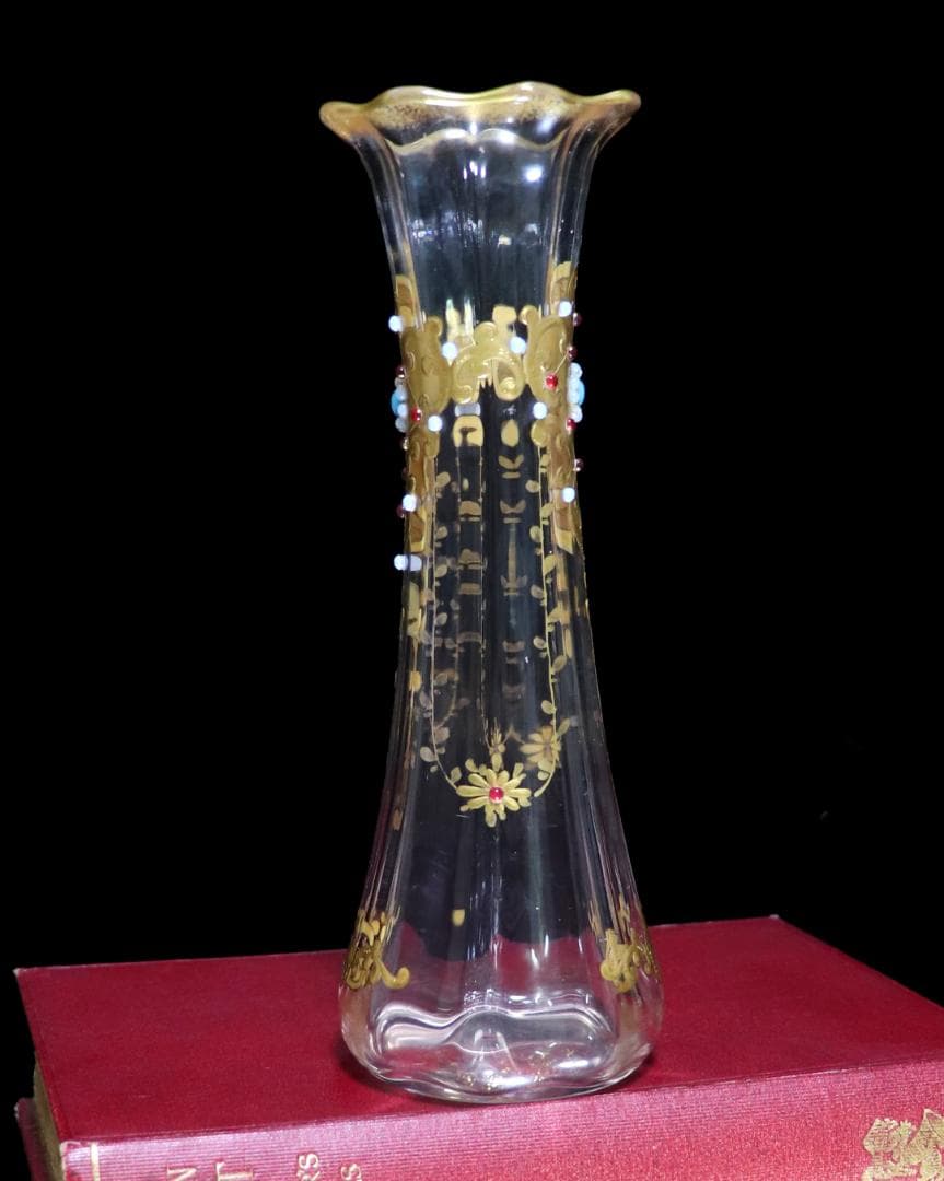 オールド・バカラ 1880年頃珍品 24金彩装飾エナメル彩ビジュー花瓶 ゴールド