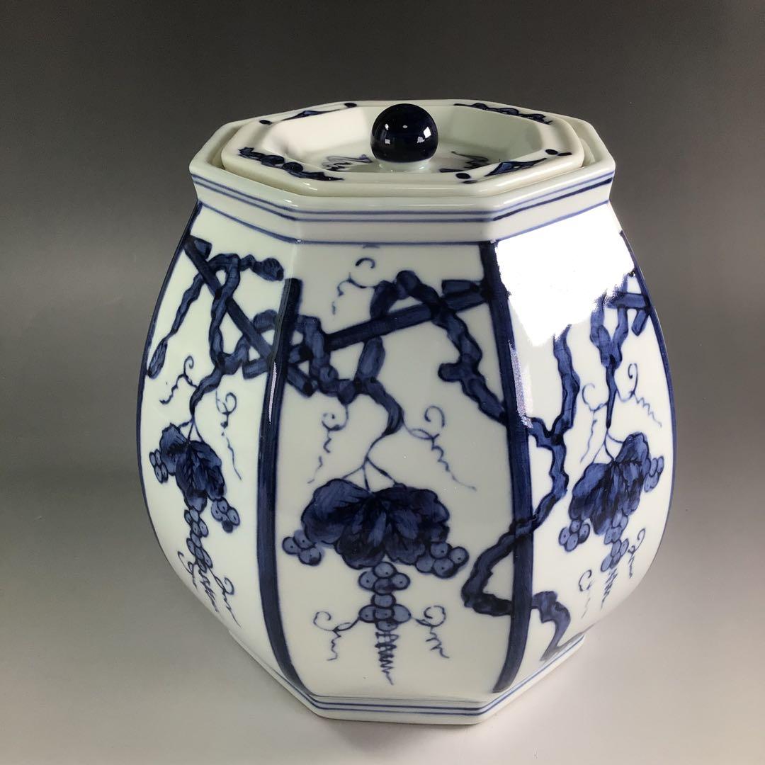 Ｐ８２６　皆具　『鈴木康月造』『染付ぶどう棚絵』　共箱　茶道具