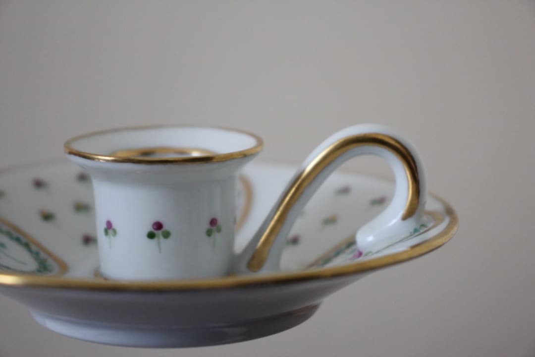 陶磁器製　金彩花柄　ハンドペイント　チャンバースティックキャンドルホルダー　ペア