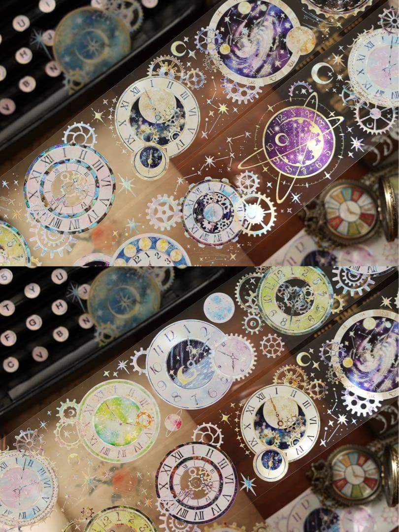 【9484】海外　5m巻　貝殻光マスキングテープ　星時計　カラフル　装飾系