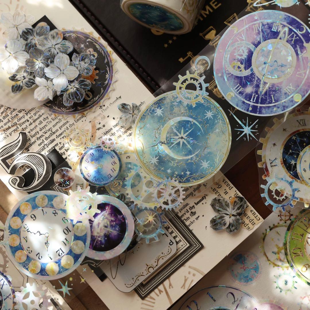 【9484】海外　5m巻　貝殻光マスキングテープ　星時計　カラフル　装飾系