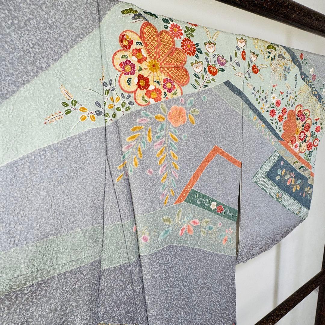 超美品　正絹　現代　訪問着　着物　膨れ織　グレー　オレンジ　トール　174裄70