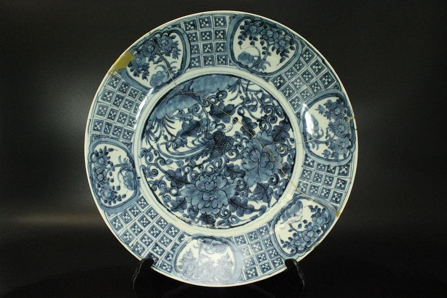 中国美術 呉須 青花 花鳥紋 大盤 φ42cm 明 時代箱(LC112)