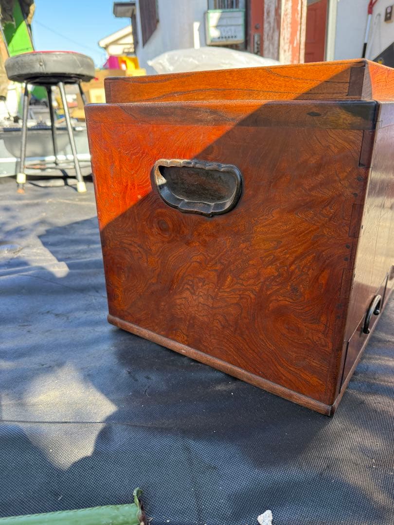 昭和初期 関東長火鉢 欅玉杢 木製 古民具 引き出し付 灰床 五徳 灰匙 猫板付