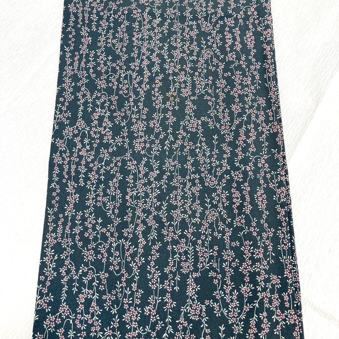 【美品✨】東レシルック　洗える着物　小紋　しだれ桜　小桜　藍鼠　日本製　幅広K3