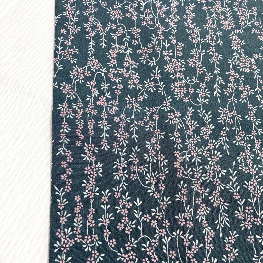 【美品✨】東レシルック　洗える着物　小紋　しだれ桜　小桜　藍鼠　日本製　幅広K3