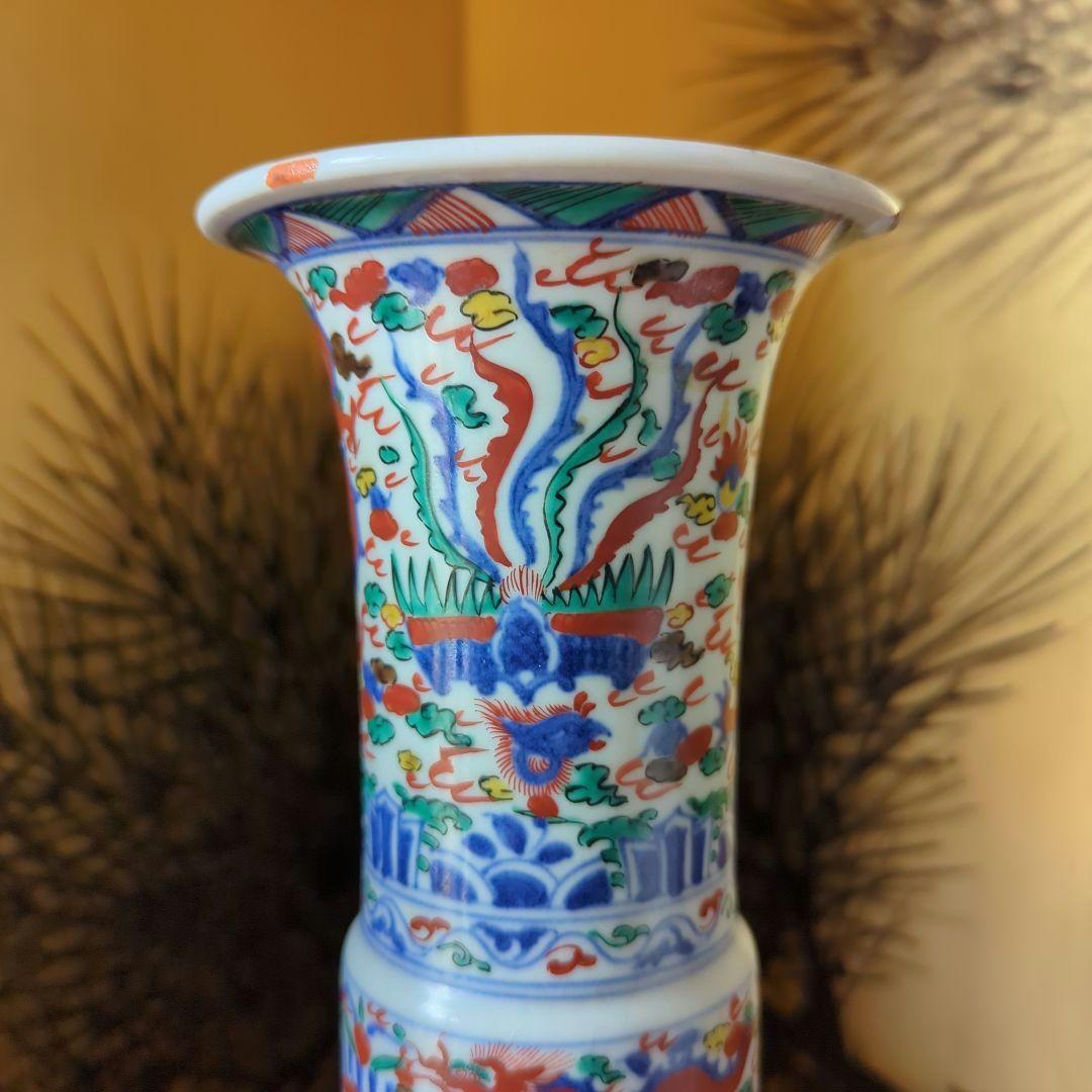 中国古美術　古玩　華道具　大明萬暦年製花器　花瓶　飾り壷　五彩色絵　雲龍鳳凰絵