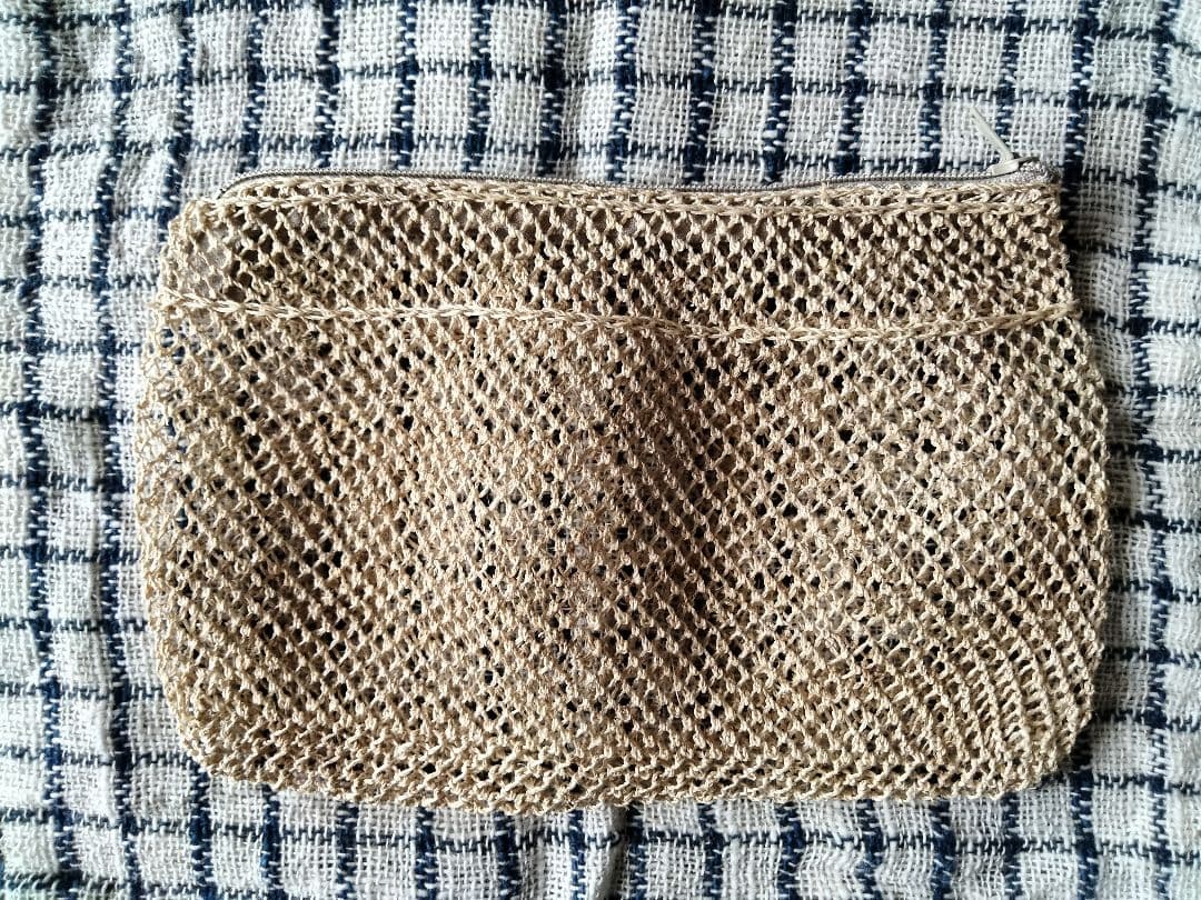 ラオス少数民族手紡ぎ葛繊維のメッシュバッグツートンオレンジとポーチのセット