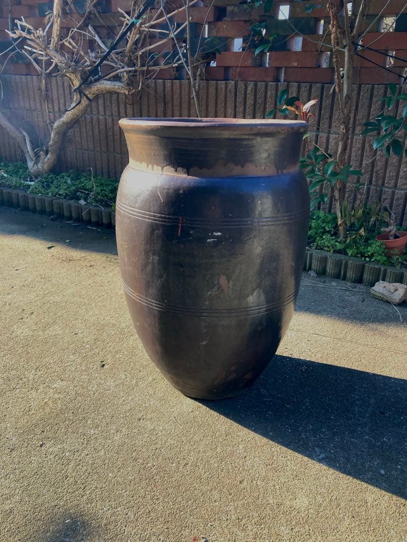 古道具 甕 昭和レトロ 陶器製 オブジェ 陶器製水鉢 ダークブラウン 約60cm