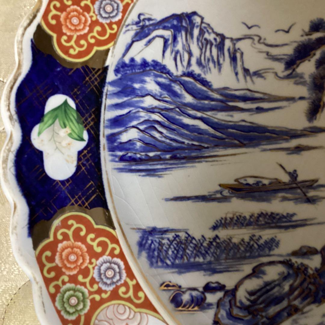 古伊万里　金欄手　尺3寸大皿　　楼閣に山水図　《明治、大正期》の大皿　飾り皿