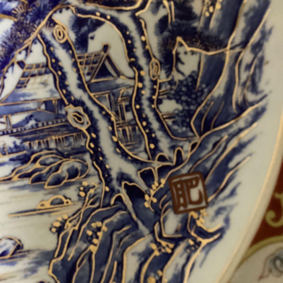 古伊万里　金欄手　尺3寸大皿　　楼閣に山水図　《明治、大正期》の大皿　飾り皿