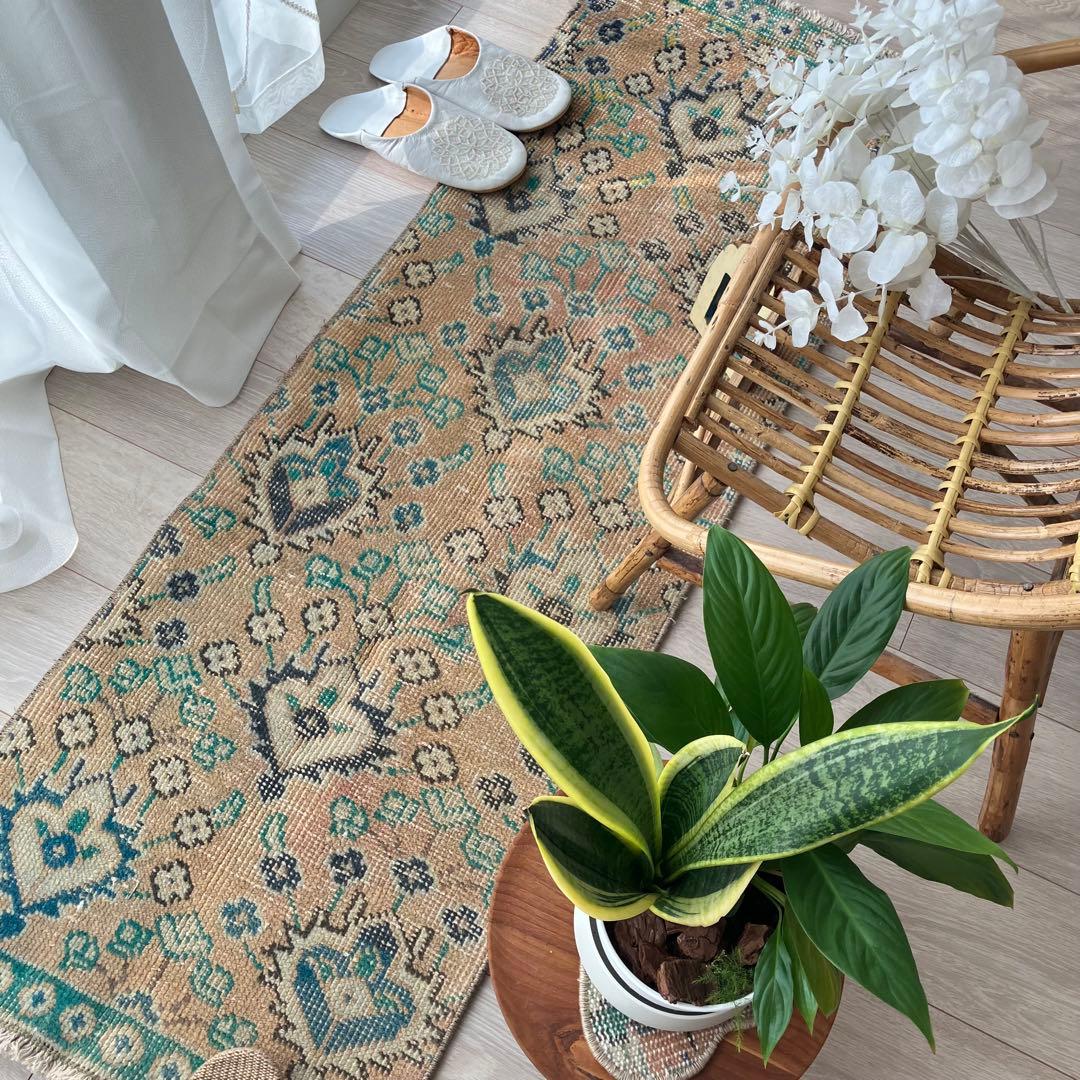 厚みウール　くすみベージュ　グリーン　ロング　ランナー　トルコヴィンテージラグ