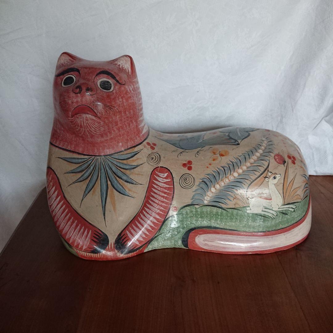 よいお顔 大きな猫 トナラ焼 メキシコ民芸 置物 /招き猫 ヴィンテージ 民芸館