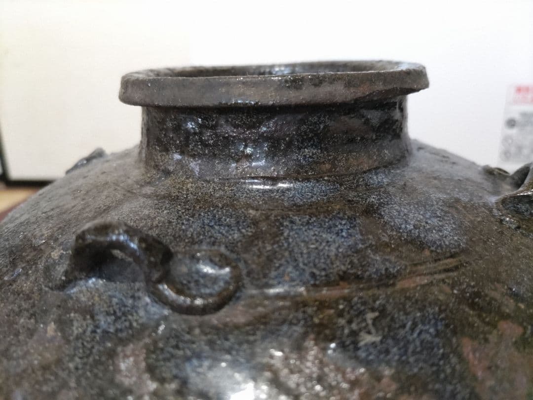 古唐津　叩き唐津　四耳壷　高26㎝　極薄作り1691ｇ