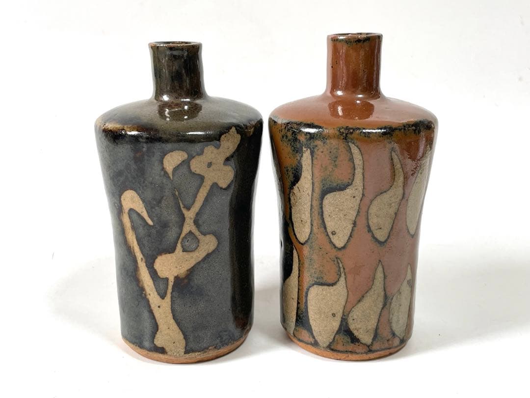 人間国宝　濱田庄司　浜田庄司　柿釉　鉄釉　酒器　徳利　盃　一対　共箱　トウキビ文